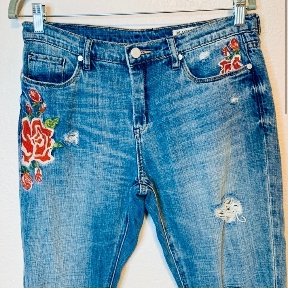 Blank NYC Blue Cropped Jeans with Red Rose Embroidery